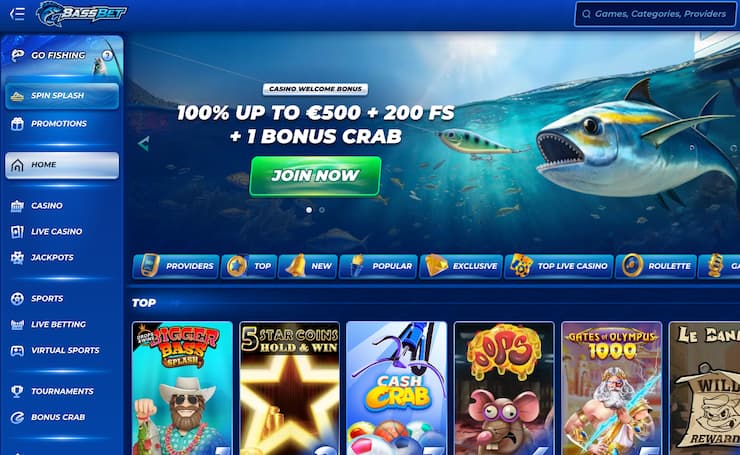 A view of the main interface on Bassbet, one of the best online casino Canada real money operators.